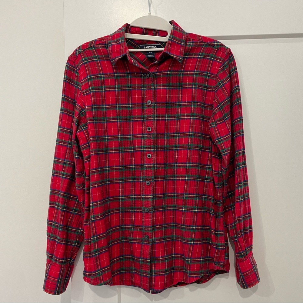 Lands' End Red and Green Plaid Flannel Shirt 4P 100% Cotton